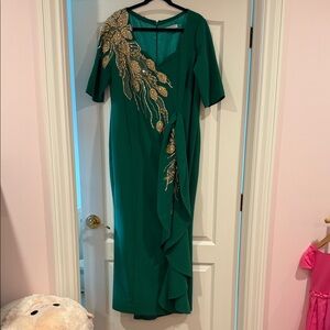 Asymmetrical Green Dress with Gold Detailing
